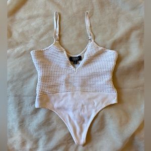 Hera Collection Knit Sheer White Thong Bodysuit Clasp Small